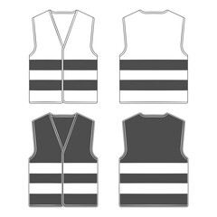Set of black and white illustration with protective vest with reflective stripes. Isolated vector objects on a white background.