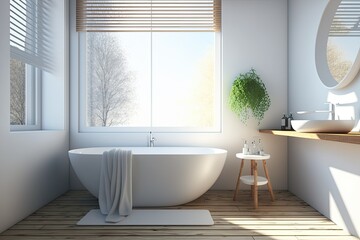 Bathroom with wooden floor, white walls, spacious towel rack, and panoramic window. White tub. Image toned. Generative AI