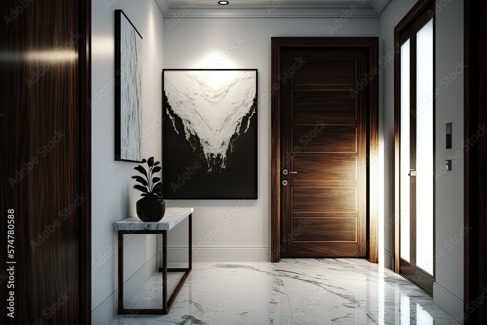 Wall mural a minimalist foyer has a lit horizontal poster on a white wall, a dark wood closet near the front do