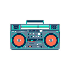 Fototapeta na wymiar Vector image of a classic Boombox or Ghetto Blaster. Inspired by the JVC RC-M90 model in turquoise and orange