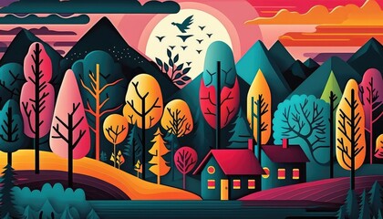 Landscape bright digital illustration colorful trees, mountains and houses. Generative AI