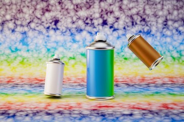 Fototapeta premium cans of paint of white, blue and red color on a multi-colored background. 3D render