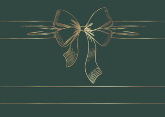 Vintage style decorated long bow and ribbon. Hand drawn vintage line art vector illustration. Gold color.