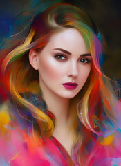 Fototapeta premium Painting of a beautiful woman's face, Portrait of a beautiful woman, colorful hair