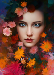 Painting of a beautiful woman's face, Portrait of a beautiful woman with flowers