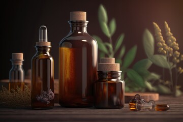 Glass brown bottles with organic cosmetics on wooden table mockup. AI generation