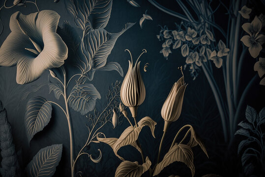 A chic vintage wallpaper of a rococo blooms flowers dreamy intricate details pastel scheme blue gold tone fantasy fairytale aesthetic rococo luxurious style background,generative ai.