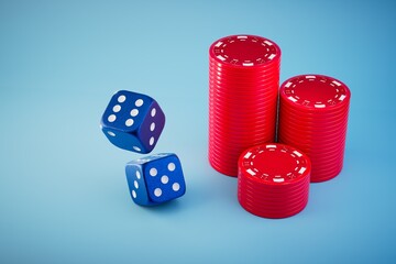 the concept of playing in the casino. dice and red chips on a blue background. 3D render