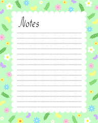Notes blank lined page template with floral seasonal springtime nature decoration simple vector illustration, green rectangular frame, butterflies, leaves, flowers printable personal diary