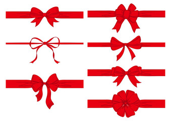 Vintage style decorated long red bow and ribbon. Hand drawn vintage line art vector illustration.
