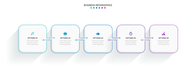 Timeline infographic with infochart. Modern presentation template with 5 spets for business process. Website template on white background for concept modern design. Horizontal layout.