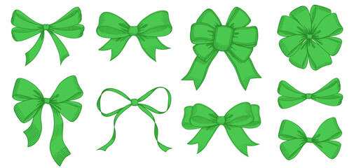 Vintage style decorated long green bow and ribbon. Hand drawn vintage line art vector illustration.