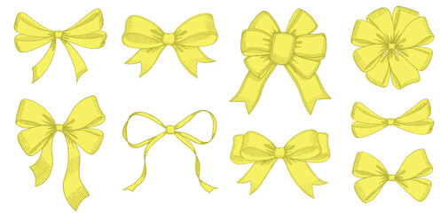 Vintage style decorated long yellow bow and ribbon. Hand drawn vintage line art vector illustration.