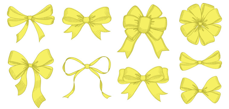 Vintage style decorated long yellow bow and ribbon. Hand drawn vintage line art vector illustration.
