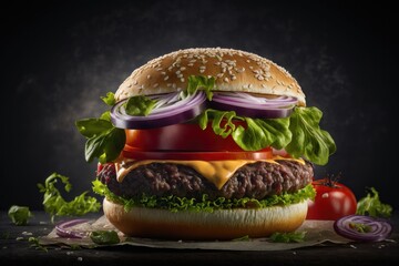 Illustration of a beef burger with lettuce, tomato and onion on a dark background. AI Generation