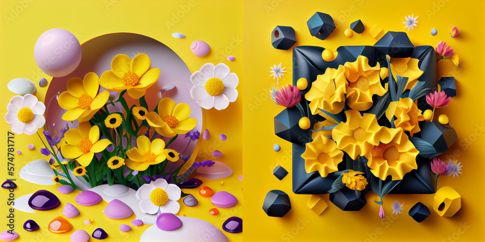 Canvas Prints yellow 3d composition surrounded by colorful flowers and butterflies. isolated composition. fresh de