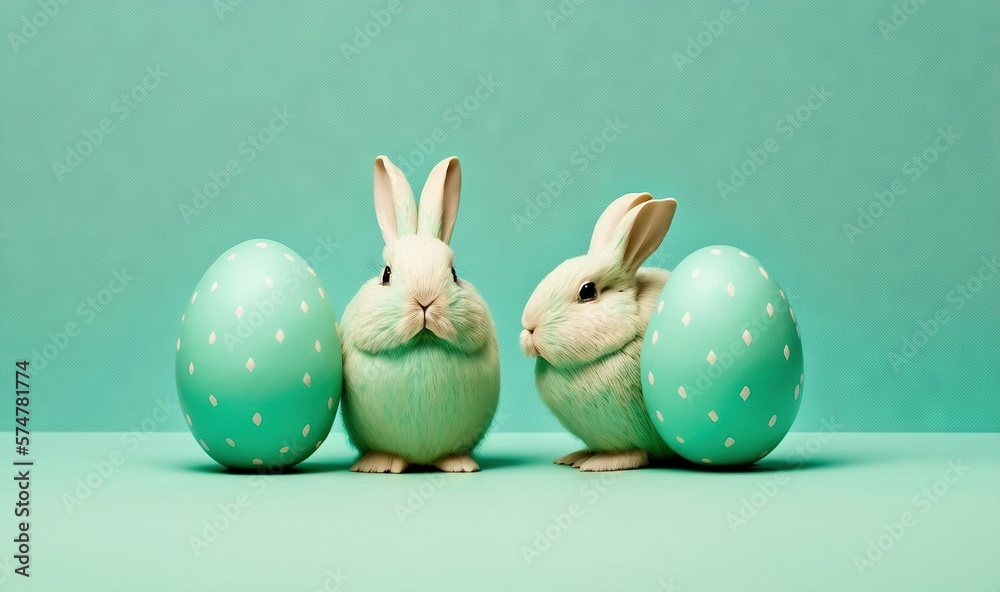 Wall mural  a couple of rabbits sitting next to each other in front of green eggs on a blue background with a green background behind them and a light green background.  generative ai