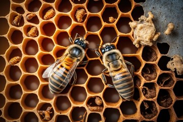 Close-up illustration of bees inside a hive of honey. AI Generation