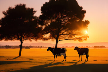 Fototapeta na wymiar Silhouette of a Cow at Sunset, created by AI
