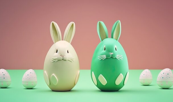 a group of easter eggs sitting next to each other on a green surface with a bunny face painted on the side of the egg and a smaller one.  generative ai