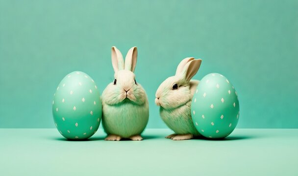  a couple of rabbits sitting next to each other in front of green eggs on a blue background with a green background behind them and a light green background.  generative ai