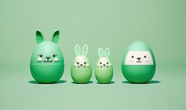  a group of green eggs with faces painted on them and bunny ears on them, sitting in a row on a green background, with a green background.  generative ai