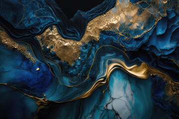 Obraz premium Close-up of blue and shiny gold spirit ink abstract texture, fashionable wallpaper. AI Generation