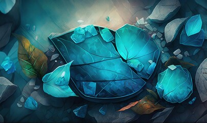  a painting of a blue umbrella surrounded by rocks and leaves on a dark blue background with light coming through the top of the umbrellas.  generative ai