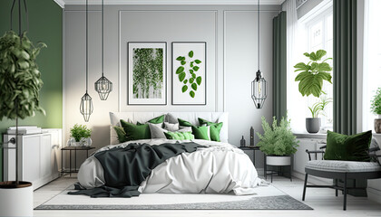 Modern home interior bedroom with green accents, Scandinavian style, a picture on the wall, generative ai