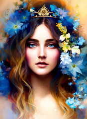 Obraz na płótnie Canvas Painting of a beautiful woman's face, Portrait of a beautiful woman with flowers