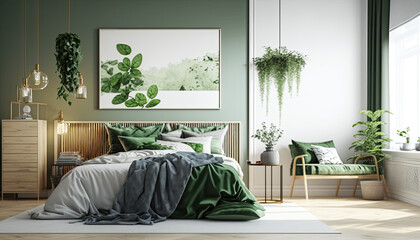 Modern home interior bedroom with green accents, Scandinavian style, a picture on the wall, generative ai