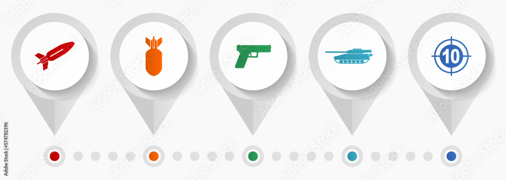 Poster war vector icons, army and weapon flat design web pointers collection, business concept infographic 