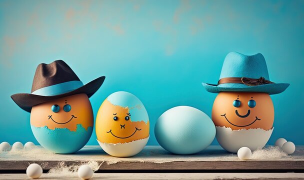  a group of eggs with faces painted on them and a cowboy hat on top of one of the eggs, on a wooden surface with eggs scattered around them.  generative ai