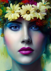 Painting of the face of a beautiful woman with flowers, Portrait of a beautiful woman