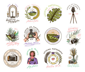 Wedding photographer badges or logos. Photo camera for the holiday. Photography Community. Templates for Retro Studio, vintage store or shop. Hand drawn sketch for postcard, banners. 