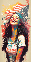 Fototapeta premium A jubilant woman in a patriotic setting, her smile capturing the essence of American cheer.