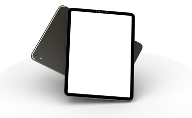 Modern tablet computer stand with blank screen isolated on white background