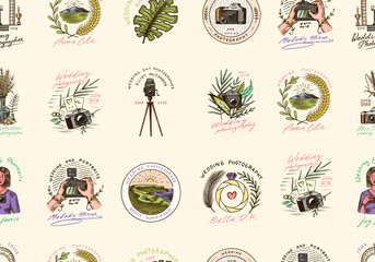 Wedding photographer seamless pattern. Photo camera. Photography Community. Templates for Retro Studio. vintage badges or logos for store or shop. Hand drawn sketch for postcard, banners.