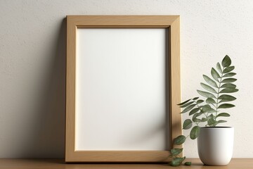 Leaning against a beige wall is a wooden photo frame. Template for a blank mockup. Generative AI