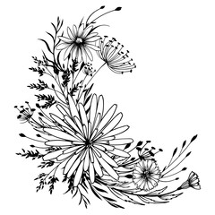 Black and white floral demi wreath arrangement. Hand drawn wild flowers vector illustration.