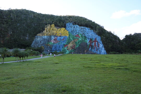 View to Unesco World Heritage Mural de la Prehistoria in Valle de Viñales, Cuba Caribbean