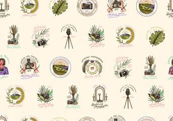 Wedding photographer seamless pattern. Photo camera. Photography Community. Templates for Retro Studio. vintage badges or logos for store or shop. Hand drawn sketch for postcard, banners.