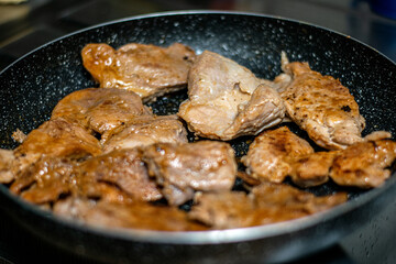 Meat in pan ready to be roasted, fried pork, raw pork, cooked pork, cuisine