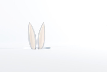 Bunny ears sticking out of the ground. The concept of Easter, the holiday and traditions associated with it. Hare ears on a light background. 3D render, 3D illustration.