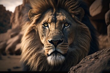 Majestic Lion in the desert closeup shot, generative AI - obrazy, fototapety, plakaty