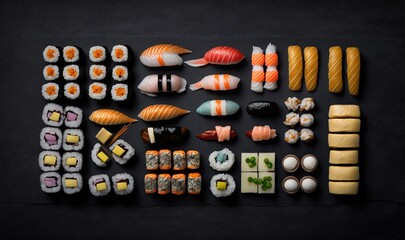  a black table topped with lots of sushi and other food items on top of a black table top next to a black wall with a black background.  generative ai