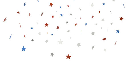 Red white blue shiny confetti stars on white background, isolate, tricolor concept,