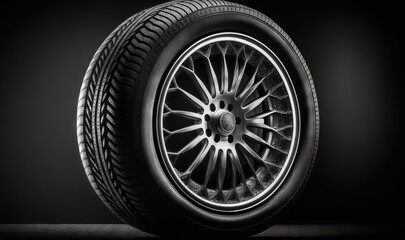  a close up of a tire on a black background with a light reflection on the tire and the spokes of the tire and the tire.  generative ai