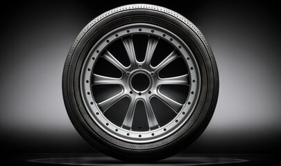  a tire on a black background with a reflection of the tire on the tire rim and the spokes of the tire rim are visible.  generative ai