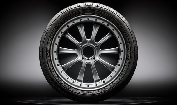  a tire on a black background with a reflection of the tire on the tire rim and the spokes of the tire rim are visible.  generative ai